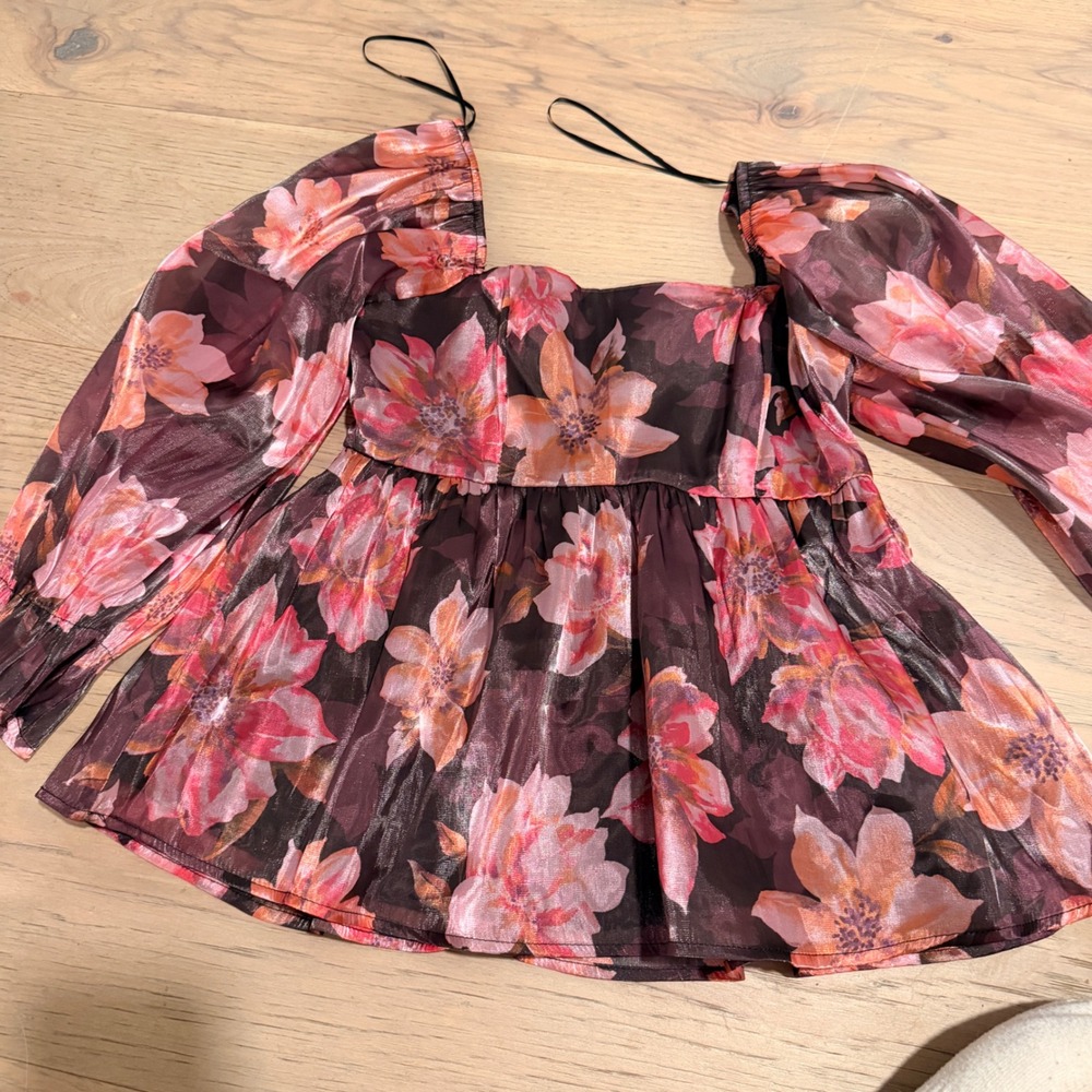 Thirty Thirty LA Floral Organza Peplum Top Pink Metallic Puff Sleeve Small